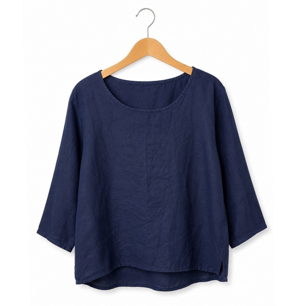 Amazhiyu Linen Shirt Women Small Navy Blue Round Neck Top Lagenlook Preppy